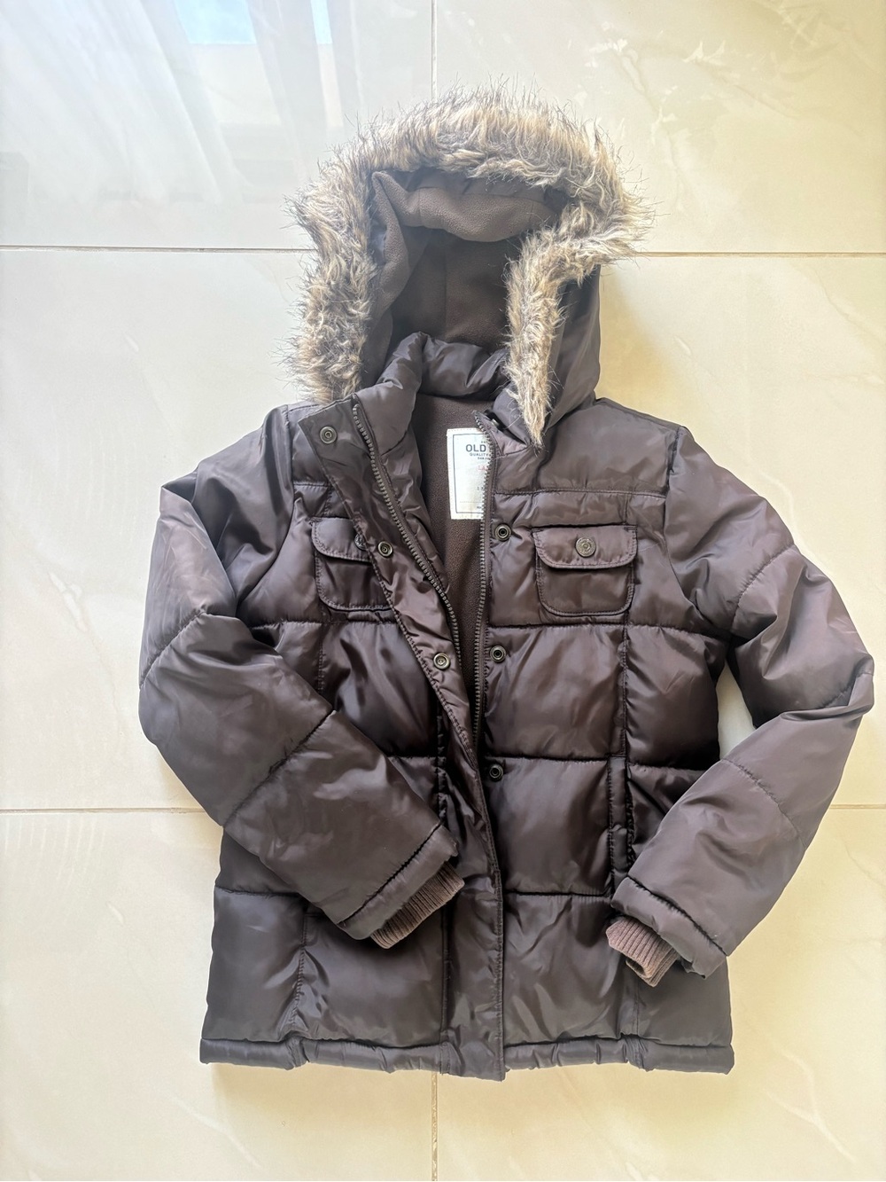 Old Navy Kids Brown Puffer Coat with Faux-Fur Trim Hood